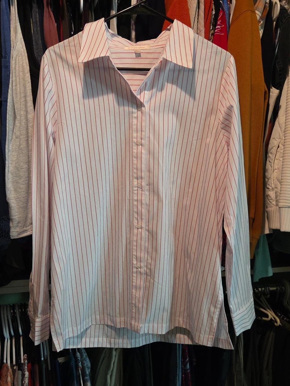 Women's White Button-Up Shirt with Red Pinstripes